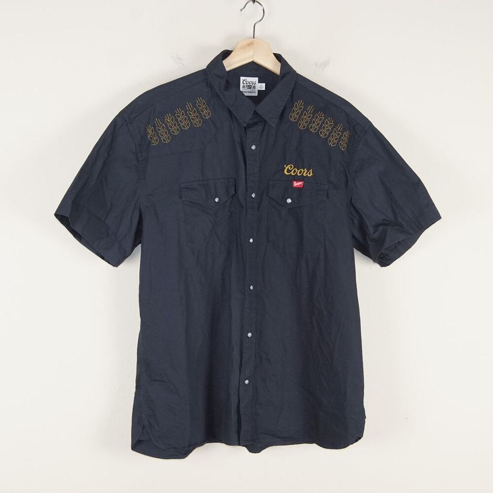 Huckberry x Coors Pearl Snap Embroidered Poplin Cotton Blue Short Sleeve Sz XL